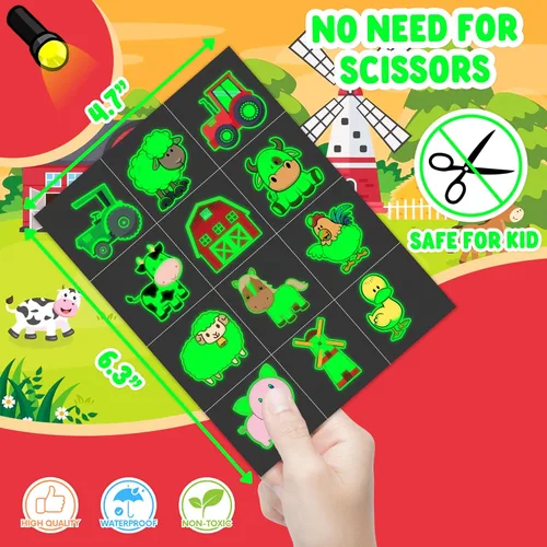 Vista 6 de 96 tatuajes temporales de animales de granja brillantes Pegatinas luminosas de tractor de granja para niños, recuerdos y decoraciones de fiesta