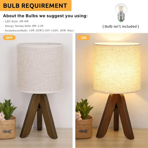 Vista 5 de HAITRAL Lámpara de Mesa de Trípode de Madera con Base Marrón, Pequeña Lámpara de Mesa Lámpara de Mesita de Noche con Pantalla de Tela de Lino