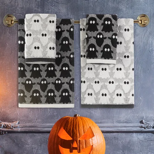 Vista 2 de Quera Paquete de 2 toallas de mano de Halloween, fantasma, color blanco y negro, juego de toallas decorativas para baño, para secar, limpiar