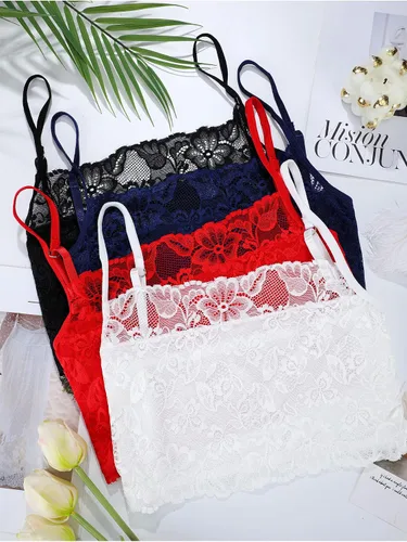 Vista 6 de 4 piezas de encaje elástico para mujer, media camisola de encaje transpirable para mujeres y niñas