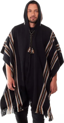 Vista 4 de INTI ALPACA Poncho con capucha de alpaca para hombre, cálido y suave, capa de capa