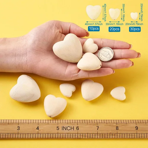 Vista 6 de KISSITTY 60 cuentas de corazón de madera natural, 3 tamaños, forma de corazón, sin pintar, cuentas espaciadoras de madera con agujero de 0.079