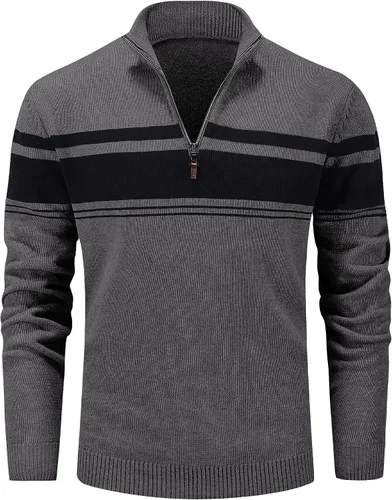 Vista 19 de MAGCOMSEN Suéteres de algodón con cremallera de 1/4 para hombre, suéter tipo polo, a rayas, para otoño e invierno, sudaderas cálidas