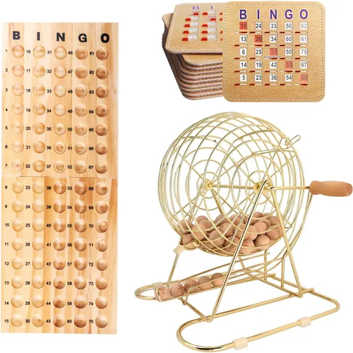 Vista 8 de GSE Deluxe Juego de Bingo Juego de Bingo, jaula grande de latón, 10 tarjetas de bingo con obturador Shutter Slide Bingo Cards, Wood Master Board &