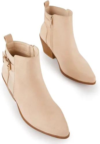Vista 5 de TINSTREE Botines de punta para mujer, con botones y hebilla, para decoración de tacón grueso apilado, botines de moda con cremallera lateral, piel