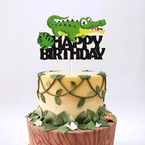 Vista 4 de Decoración de pastel de cocodrilo con temática de animales, suministros de fiesta de cumpleaños negro y verde con purpurina temática de cocodrilo