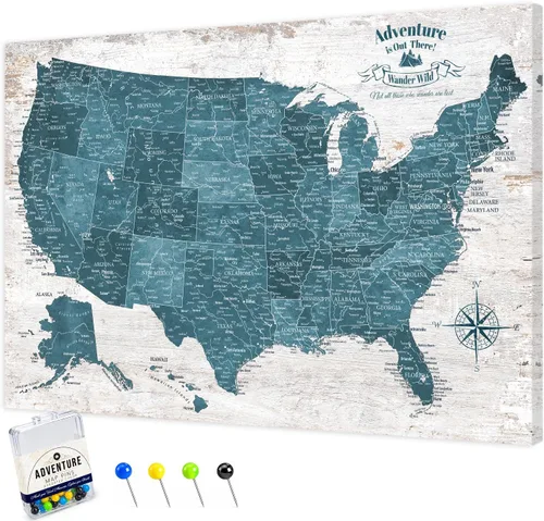 Vista 68 de IPIC - Lienzo con mapas de EE. UU. para decoración de pared, mapa con pin de empuje para marcar viajes, mapa de viaje impreso de EE. UU.