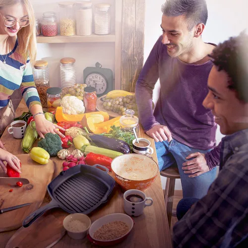 Vista 6 de Cuisinel - Sartén de hierro fundido cuadrada para parrilla + tapa de vidrio + raspador de sartén + cubierta de mango - Sartén con nervaduras