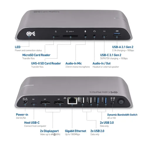 Vista 5 de Cable Matters - Base USB C para Windows, DisplayPort dual 4K, carga de 80 W Ranura para tarjeta SD, Gigabit Ethernet, puertos USBA/USBC de 10Gbps