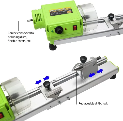 Vista 5 de Mini torno de madera Benchtop MICRO Torno de torneado de madera Grinding Pulido Perlas Taladro Rotary Tool Set Velocidad Variable (Estándar)