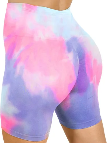 Vista 2 de Pantalones cortos de compresión sin costuras de cintura alta para mujer, teñido anudado y sólido, ideales para gimnasio, yoga, correr y fitness