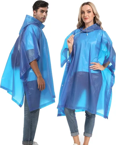 Vista 22 de Ponchos de lluvia reutilizables con capucha con cordón para adultos, abrigo de lluvia grueso impermeable, 2 paquetes