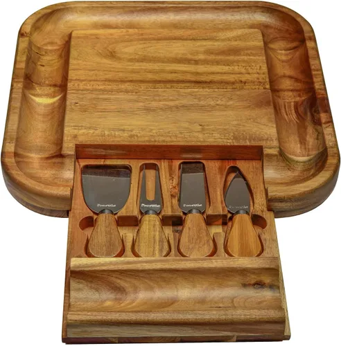 Vista 4 de Picnic at Ascot Tabla de cortar de bambú para queso y embutidos con plato de cerámica, juego de cuchillos y marcadores de queso, diseñada