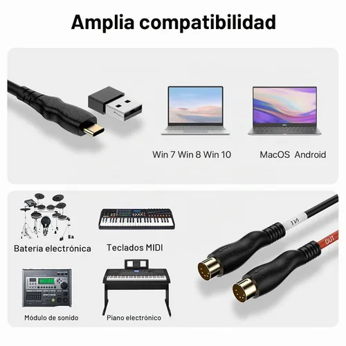 Vista 6 de Cable MIDI, cable de interfaz MIDI a tipo C de 4.5 pies, interfaz MIDI de entrada/salida a adaptador de cable tipo C con indicador para teclado
