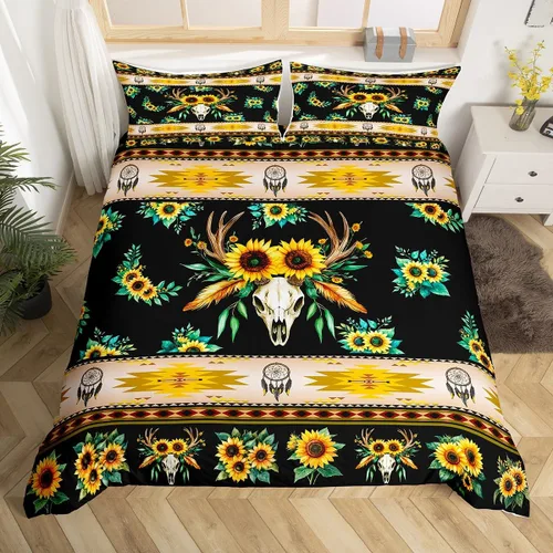 Vista 19 de Erosebridal Juego de funda de edredón estilo bohemio occidental tamaño individual, diseño de vaca atrapasueños del suroeste, juego de ropa de cama