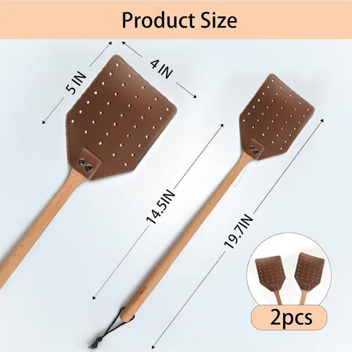 Vista 2 de DEBETOOL Juego de matamoscas – Paquete de 2 matamoscas de cuero de madera con cuerda para colgar, matamoscas resistente para interiores y exteriores
