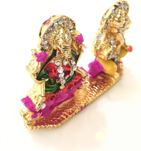 Vista 2 de Itiha Lakshmi Ganesha - Ídolo de loto para templo del hogar o tablero de instrumentos del automóvil, regalo festivo, regalo de devolución de haldi