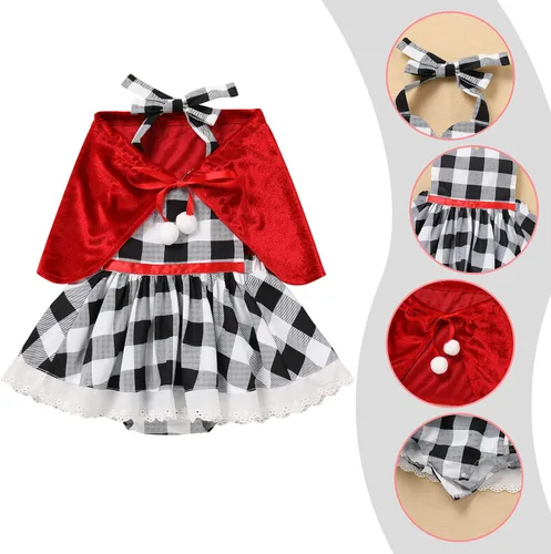 Vista 6 de OBEEII Vestido de Navidad para niños, niñas y mujeres, vestido de fiesta a cuadros y capa de terciopelo a juego para mamá y yo
