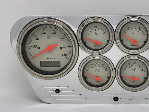 Vista 2 de Dolphin Gauges Compatible 1953-1955 Ford Truck 6 Gauge Dash Cluster Set, Programable, Aluminio Billet Pulido, Lentes Convexas, Movimientos Air Core
