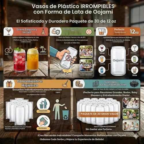 Vista 2 de Oojami 30 piezas de vasos desechables de plástico sin tallo a prueba de roturas en forma de lata, libres de BPA, para cerveza, café helado