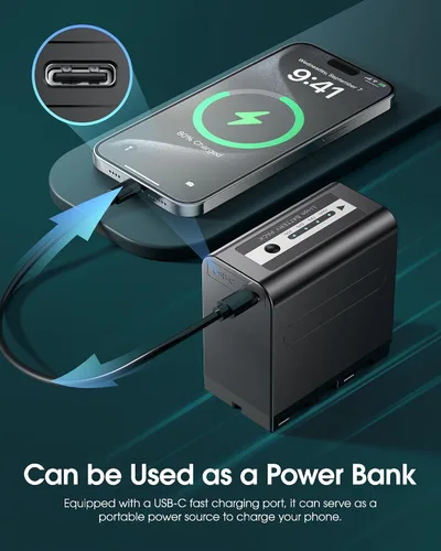 Vista 6 de FirstPower Paquete de 2 baterías NP-F970 de 8800 mAh con USB-C PD de 20 W de carga rápida, para Sony NP-F970/F750/F550/FX3/FX30/A7, para Canon