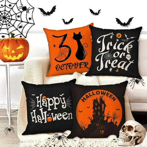 Vista 3 de Juego de 4 fundas de almohada de Halloween de 18 x 18 pulgadas, funda de almohada de lino suave con castillo de gato negro, decoración rústica