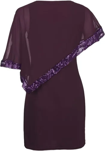 Vista 5 de NIUQI Vestido de noche de gasa de color sólido para mujer con lentejuelas y hombros descubiertos cuello redondo manga capa