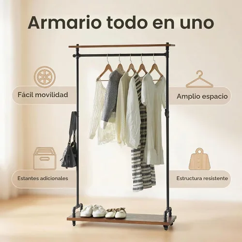 Vista 2 de [Usado] Estante de ropa de tubería industrial, Perchero de madera, Estante de ropa
