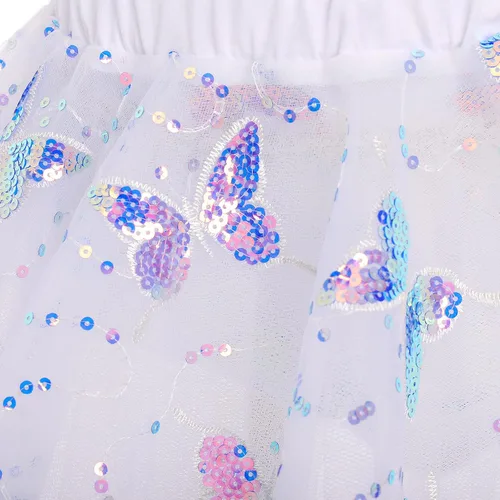 Vista 6 de AFAVOM Camisola de lentejuelas de mariposa para niñas, vestido de ballet con volantes, falda tutú con purpurina, leotardo, disfraz de bailarina