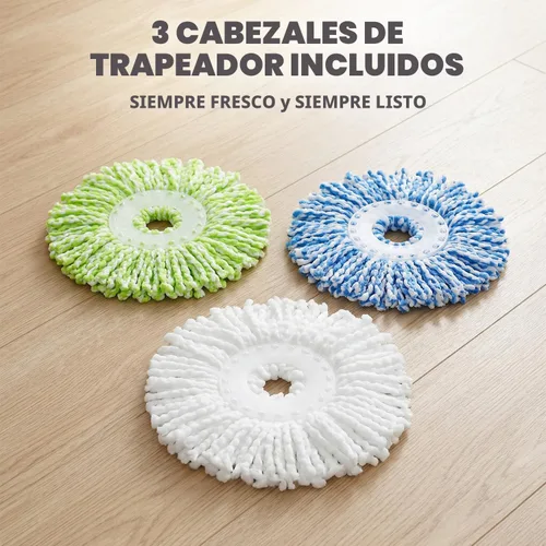 Vista 6 de SIMPLI-MAGIC Trapeador giratorio de 360° y cubo con escurridor - 3 cabezales lavables de microfibra de alta absorción, dispensador de jabón - Juego