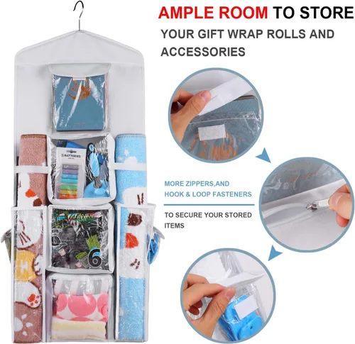 Vista 3 de Organizador de bolsas de papel de regalo colgante, doble cara para colgar puerta y armario, cinta de almacenamiento versátil, lazos para juguetes
