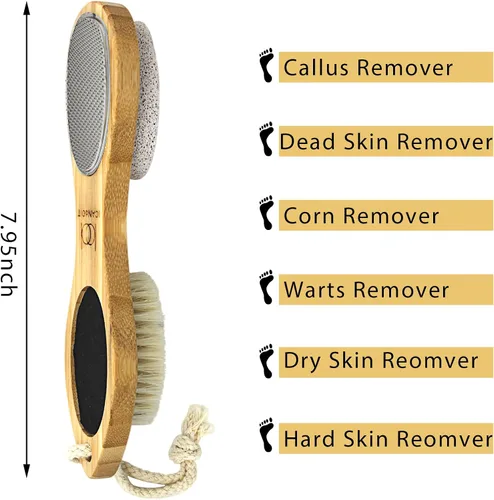 Vista 9 de ICDI ICANdOIT - Lima de bambú natural para pies, removedor de callos multiusos 4 en 1 pies, kit de pedicura con cepillo de cerdas de jabalí, piedra