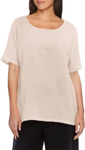 Vista 3 de Soojun - Blusa de algodón y lino para mujer, cuello redondo, diseño entramado