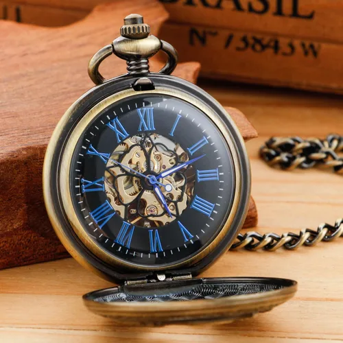 Vista 4 de Bronze Retro Mechanical Pocket Watch Skeleton Roman Numerals Hollow Mechanical Pocket Watches with Box M100