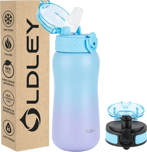 Vista 12 de Botella de agua aislada Oldley de 12 oz con pajita, botella de agua de acero inoxidable con 2 tapas, botellas de doble pared con vacío para adultos