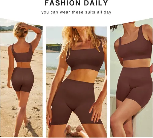 Vista 2 de Conjuntos de entrenamiento para mujer, 2 piezas, sin costuras, brasier deportivo acanalado, pantalones cortos de cintura alta, tallas regulares