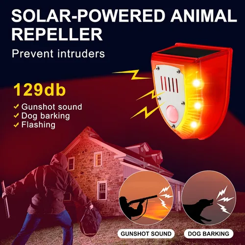 Vista 3 de Qualirey Detector de movimiento de alarma solar con sensor de movimiento al aire libre de 129 db, luz estroboscópica para perro, detector de alarma