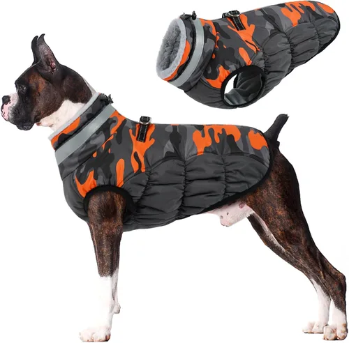 Vista 8 de Lelepet Abrigo cálido para perro, abrigo de invierno para perro, chaqueta impermeable para perros con arnés integrado reflectante de forro polar
