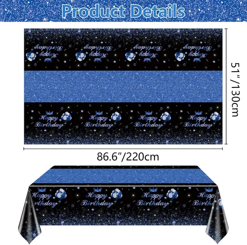 Vista 2 de 4 manteles de fiesta de feliz cumpleaños, color negro y azul, decoración de fiesta de color azul y negro, mantel rectangular de plástico para niños