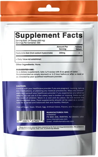Vista 9 de Vitamatic Polvo de ácido hialurónico 200 mg - Apoya el tejido conectivo y las articulaciones saludables saludables - Promueve una piel saludable