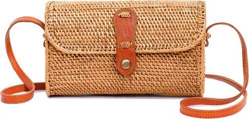 Vista 11 de Novum Crafts Bolso de ratán hecho a mano - Bolso cruzado de mimbre de paja marrón