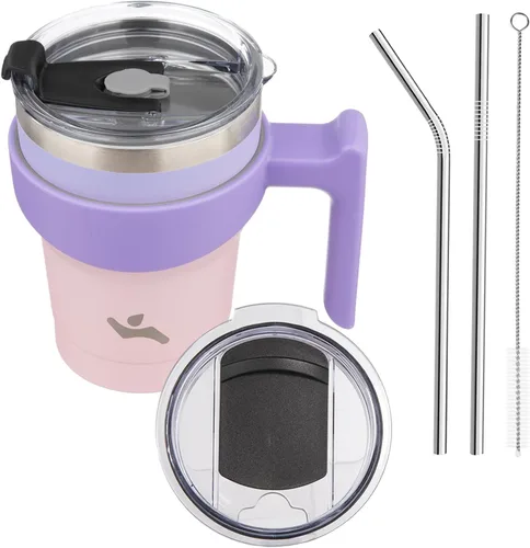 Vista 8 de Konokyo - Vaso de 10 onzas con asa y 2 popotes, 2 tapas, botella de agua aislada de acero inoxidable, taza de viaje reutilizable, color verde militar