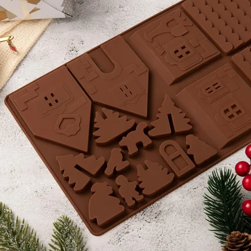 Vista 5 de Whaline Christams - Bandeja para hornear de casa de jengibre, moldes de silicona para postres, chocolate, dulces, galletas (2 piezas)