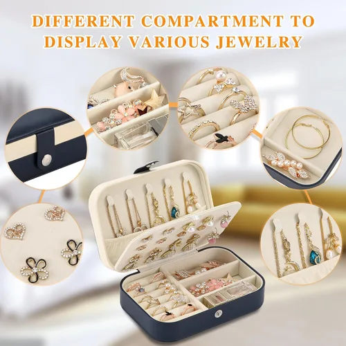 Vista 4 de Joyero de viaje, organizador de joyas pequeño de piel sintética para mujeres y niñas, mini estuche de viaje portátil de doble capa para guardar
