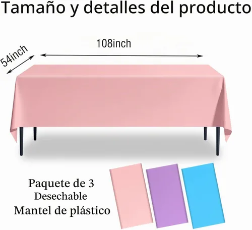Vista 2 de Paquete de 3 manteles de plástico desechables de 54 x 108 pulgadas, color morado claro, azul claro, rosa claro, para mesas de 6 a 8 pies, fiestas