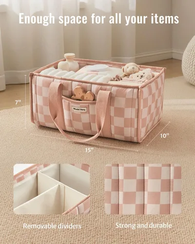 Vista 3 de Blissful Diary Organizador de pañales a cuadros, elegante cesta de almacenamiento para guardería, regalo para baby shower, artículos esenciales