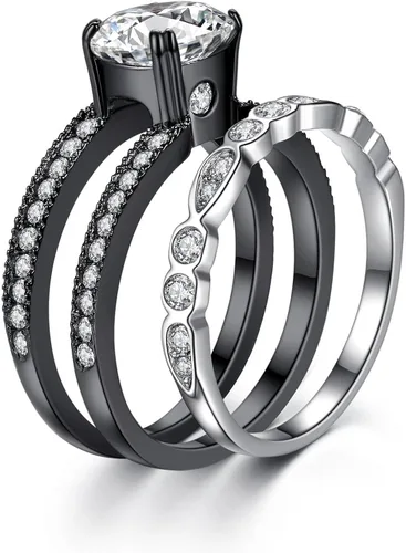 Vista 3 de Anillos de compromiso a juego para parejas diseño titanio y acero inoxidable con circonia cúbica, de Mabella