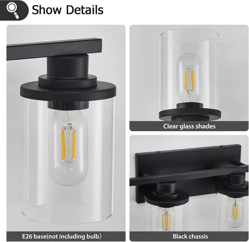 Vista 4 de 6 Luces de Tocador de Baño de Negro Mate con Vidrio Transparente y Base de Metal, Luces de Tocador Negras para Baño Sobre Espejo