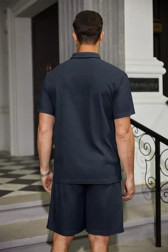 Vista 4 de COOFANDY - Conjunto de polo y pantalones cortos de punto acanalado para hombre, 2 piezas, atuendo de verano, traje casual deportivo con bolsillos