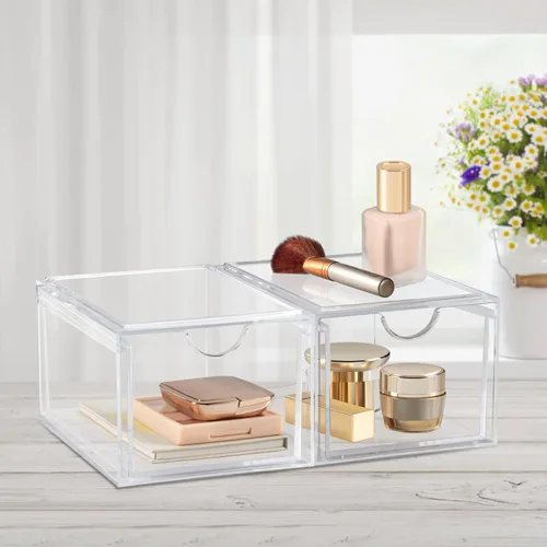 Vista 6 de Boxalls Paquete de 2 cajones de almacenamiento apilables de acrílico, organizador de maquillaje, 20% más grueso, transparente, organizadores de baño